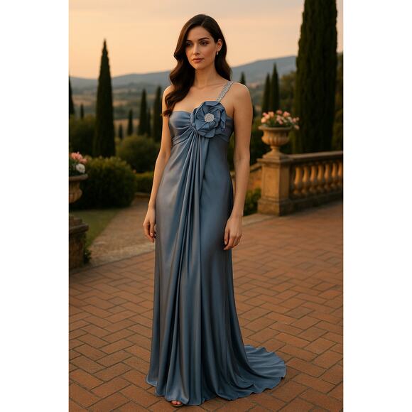Marchesa Notte One Shoulder Gown Steel Blue Silk Formal Dress 4 Beaded Strap - Picture 1 of 14